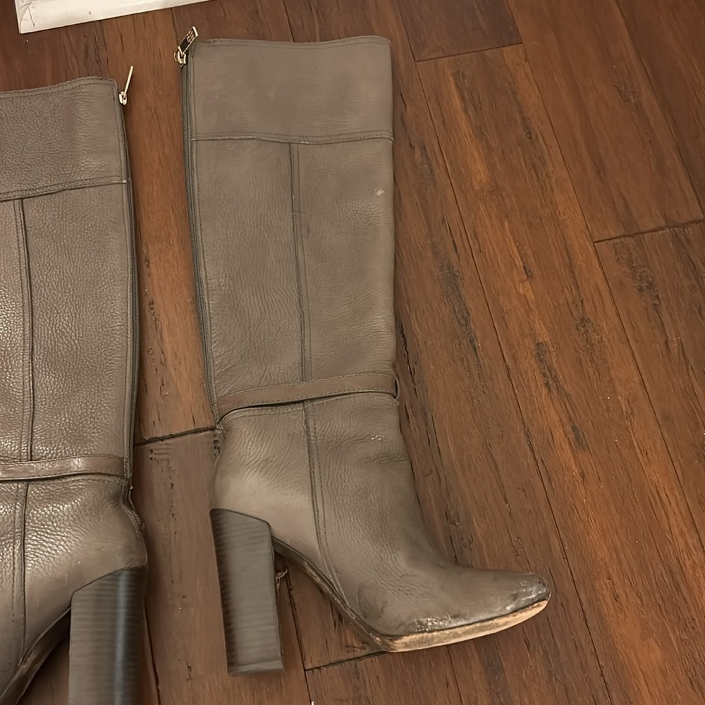 Tory Burch Taupe Leather Mid-Calf Heeled Boots with Gold Logo Strap - Picture 3 of 5